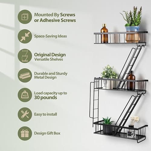 SweetSage Fire Escape Wall Shelf - New York Decorative Ladder Shelf, Wall Art Floating Shelf Black Metal Shelves for Bedroom, Home Office Storage and Display (3-Tier) thumbnail 4