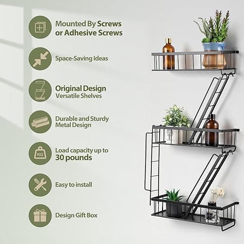 SweetSage Fire Escape Wall Shelf - New York Decorative Ladder Shelf, Wall Art Floating Shelf Black Metal Shelves for Bedroom, Home Office Storage and Display (3-Tier) - Black thumbnail 4