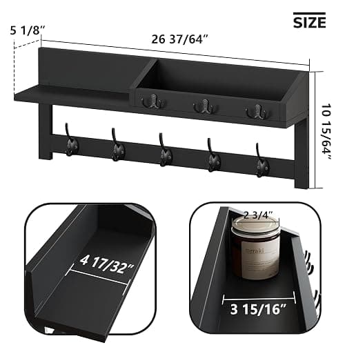 AMBIRD Wall Hooks with Shelf - 26.57" Entryway Wall Hanging Shelf Wood Coat Hooks and Key Holder (Black) thumbnail 2