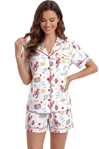 LUBOT 100% Cotton Pajamas for Women 2 Piece PJ Set Button-Down Soft Knit Short Sleeve Summer Sleepwear Loungewear XS-XXL thumbnail 6