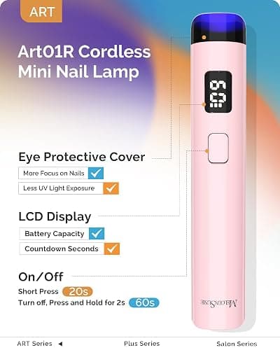 MelodySusie Handheld UV Light for Gel Nails with Stand, Mini Portable Cordless Nail Lamp with LCD Display, Eye-Protective Cover, Flash Curing for Glue Pink thumbnail 2