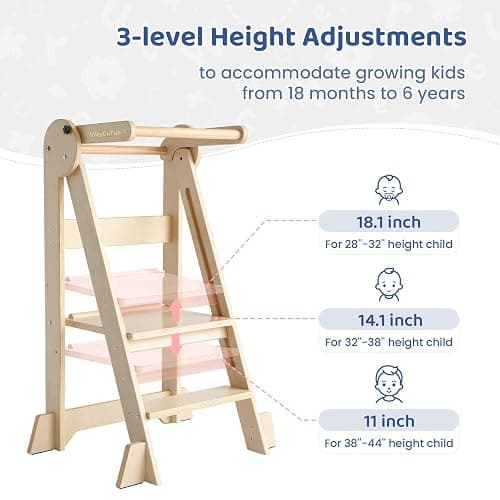 WeeGuruu Foldable Toddler Standing Tower, Height Adjustable Kitchen Tower with Safety Rails and Anti-Slip Device, Wooden Kids Kitchen Stool Helper for Ages 18 Months to 6 Years - Natural thumbnail 3