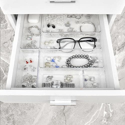 Manalete 65 Pcs Clear Plastic Drawer Organizer, Makeup & Vanity Organizer | 4-Size Versatile Desk Organizer & Storage Bins for Kitchen, Bathroom, Office, Jewelries, Easy Clean, Stackable, BPA-Free thumbnail 6