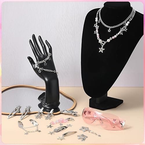 JATEBI Y2k Accessories Set Included Star Y2k Silver Necklace Bracelets Grunge Layered Necklace Y2K Sunglasses Hair Clip Pink Keychain Vintage Jewelry Set for Women thumbnail 7