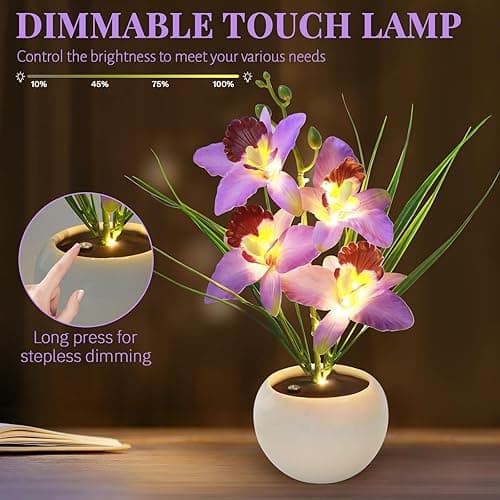 Strackvial Artificial Flower Night Light, Touch Stepless Dimming USB Rechargeable Orchid Flower with Vase Lamp, LED Table Lamp Decorative Landscape Lights for Festival Party Home Decor (Purple) thumbnail 4