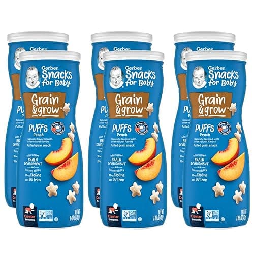 Gerber Stage 3 Baby Snacks, Peach Puffs, Puffed Grain Snack, Baby Led Feeding, Iron & Choline, Puffs Snacks for Babies, 6-Pack