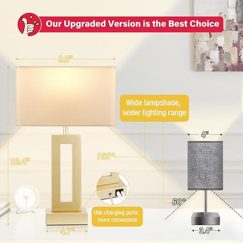 Seealle Bedroom Table Lamps Set of 2 - Touch Bedside Lamps with USB C+A, 3 Way Dimmable Gold Lamp for Nightstand, Modern Night Stands Lamps for Living Room End Tables Desk Bed Side Study Room(16.4n) thumbnail 3