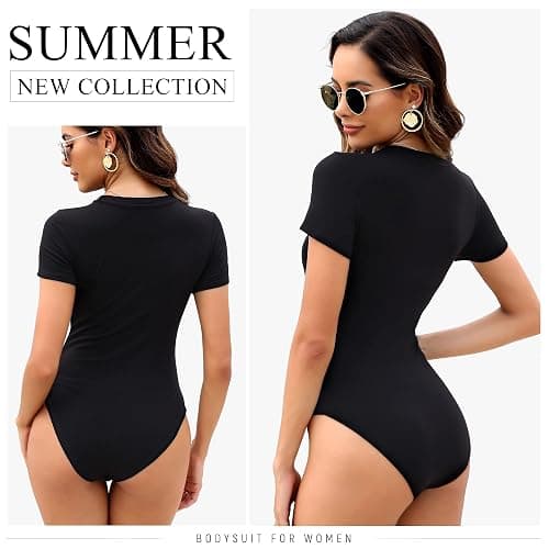 MLYENX 5 Pack Body Suits for Womens Short Sleeve Round Neck Casual Stretchy Basic T Shirt Bodysuit Tops thumbnail 2