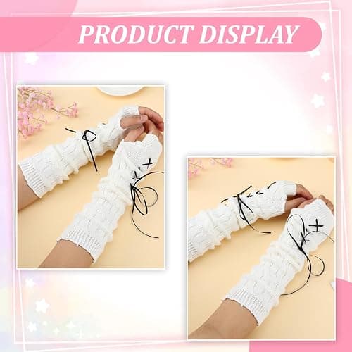 Arm Warmers Cute Y2k Harajuku Japanese Style Long Fingerless Gloves for Women Girls, Cold Weather Fsahion Lotila Arm Sleeve Thumb Hole Gloves (15.7Inch)(White) thumbnail 5