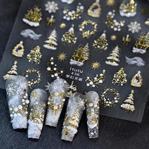 Gold Christmas Nail Stickers for Nail Art White Snowflake Nail Decals Deisgn 5D Embossed Gold Bow Xmas Tree Nail Art Stickers Christmas Nail Supplies for Women Gilrs Nails Decoration Accessories thumbnail 5