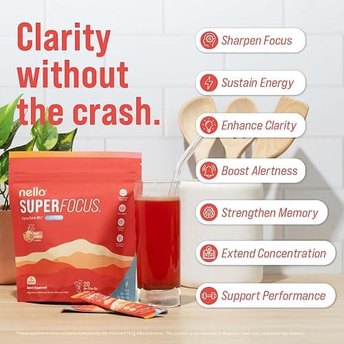 Nello Superfocus – Nootropic Focus Drink Mix for Productivity, Caffeine, L-Theanine, Rhodiola Rosea, Alpha-GPC, Lion’s Mane, Tyrosine, Sugar-Free Packets - With Caffeine (Pack of 20) (20 Servings (Caffeine), Fruit Punch) thumbnail 4