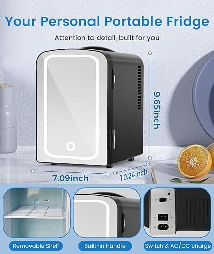 Electactic Skincare Fridge With Built-in LED Light Mirror, 4L Compact Mini Refrigerator AC/DC Portable 6 Can Small Cosmetics Cooler for Makeup, Beverage, Food, Bedroom, Office & Dorm, Black thumbnail 2