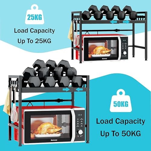 Mointal Verstellbares Mikrowellenregal, 2-Stufig Erweiterbares Küchen Mikrowelle Ständer Regal, Mikrowellenhalter aus Kohlenstoffstahl, Küchenaufbewahrung Organizer mit 8 Haken, Schwarz thumbnail 5