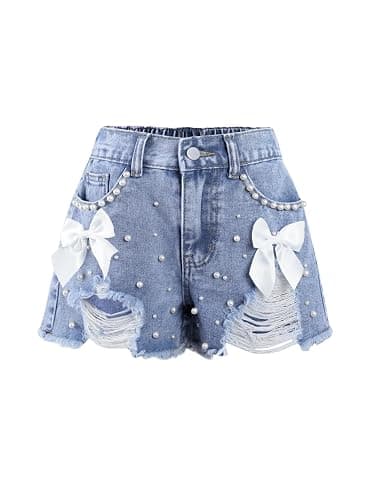 Ecolala Girls Jean Shorts Pearl Bownot Ripped Distressed Cute Straight Leg Denim Shorts - Image 1