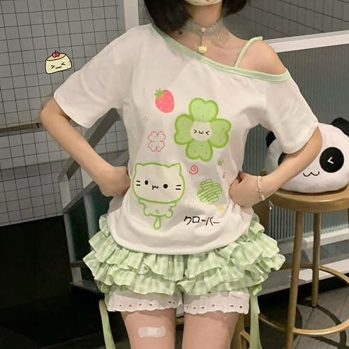 Womens Y2K Off Shoulder Kawaii T-Shirt Suit Hrajuku Plaid Ruffled Lace Pumpkin Short Pants Cute Cat Graphic Tops thumbnail 2