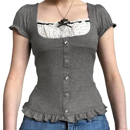 Womens E-Girls Short Sleeve T-Shirt Y2k Lace Trim Crop Tops Crewneck Fairy Grunge Tee Tops Aesthetic Summer Clothes thumbnail 2