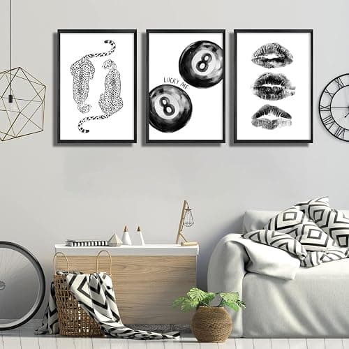 3Pcs Unframed Black White Funky Cheetah Wall Art Trendy Lucky 8 Ball Kiss Lips Painting Retro Y2K Aesthetic Canvas Poster Prints for Girls Bedroom Apartment Dorm Decorations(12x16in Poster) thumbnail 7