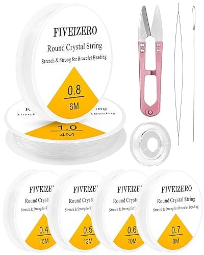 6 Rolls FIVEIZERO Elastic Bracelet String Cord, 0.4mm, 0.5mm, 0.6mm, 0.7mm, 0.8mm, 1mm Crystal Clear Stretchy Elastic Bead String for Bracelets, Jewelry Making and Clay Pony Seed Stone Beads Beading - 0.4+0.5+0.6+0.7+0.8+1mm Round (6 Pack)