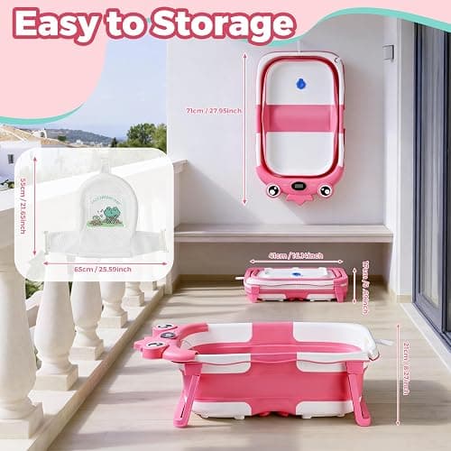 Baby Bathtub for Infant to Toddler,Collapsible Baby Bath Tub with Soft Cushion & Thermometer,Space Saving Foldable & Travel Newborn Bathtub 0-36 Months (Beige, Frog) thumbnail 6