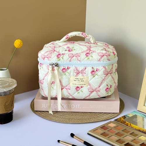 Sminra Makeup Bag Large Travel Quilted Cosmetic Makeup Bag Organizer, Floral Cotton Coquette Aesthetic Toiletry Bag for Women Girls (Pink Bow Flowers-L) thumbnail 7