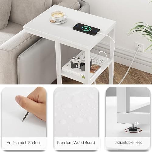Vagusicc C Shaped End Table with Charging Station, Small Side Table for Couch, Snack Side Table with USB Ports and Outlets for Small Spaces, Slide Under Sofa Table TV Tray Arm C Table for Living Room thumbnail 6