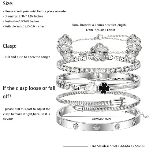 Camhanno Silver Bangle Bracelets for Women - Stainless Steel Stackable Bangles Non-Tarnish Clover Lucky Charm Bracelets, Trendy Gift for Girlfriend/Wife on Christmas Valentine’s Birthday thumbnail 5