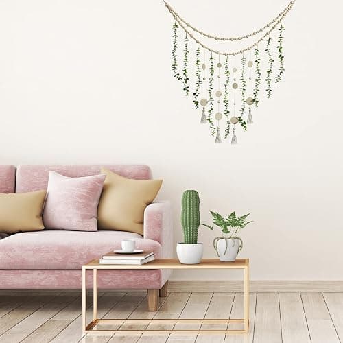 Hanging Eucalyptus Boho Wall Decor Large Boho Bedroom Wall Hanging Wooden Bead Garland Artificial Eucalyptus Natural Greenery Decoration, 36 x 36 Inch (Simple Color, Wood Chip Style) thumbnail 2