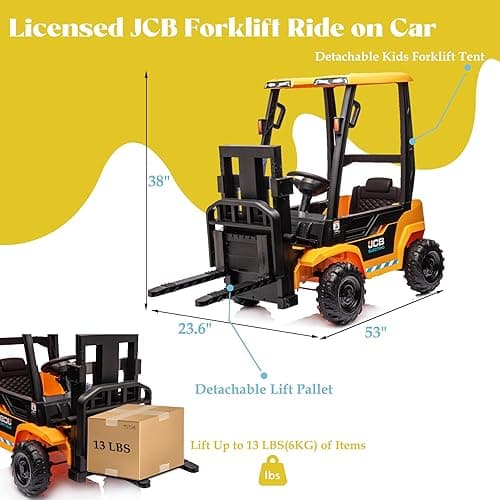 HyperMoto 12V Ride on Forklift Car with Tent, Licensed JCB Electric Kids Ride On Construction Car with Remote Control, Liftable Fork and Pallet, Yellow thumbnail 4