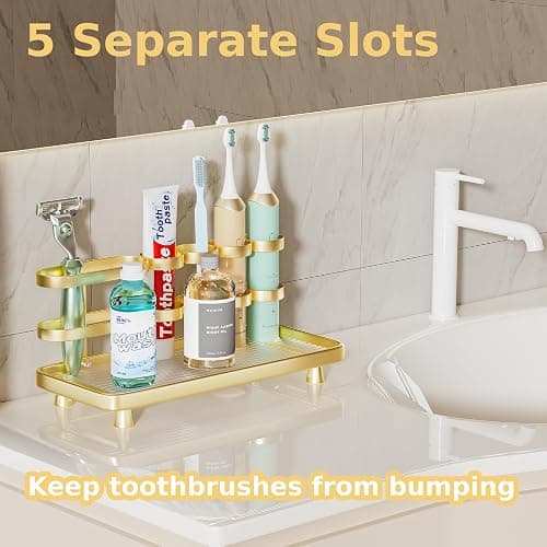 YOOLENS Electric Toothbrush Holder for Bathroom Countertop 5 Metal Slots Toothpaste Razor Mouthwash Organizer, Gold thumbnail 4