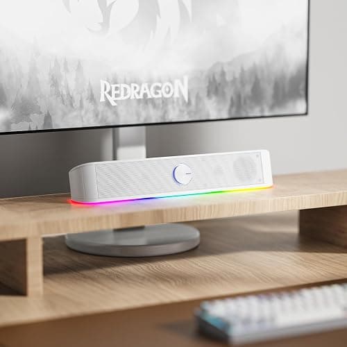 Redragon GS560 RGB Desktop Soundbar, 2.0 Channel Computer Speaker with Dynamic Lighting Bar Audio-Light Sync/Display, Touch-Control Backlit with Volume Knob, USB Powered w/ 3.5mm Cable, White thumbnail 7
