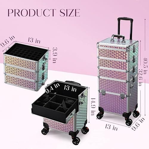 Yueieoun 5 in 1 Rolling Makeup Case, Cosmetology Case on Wheels Travel Make up Train Case Nail Cart Makeup Organizer Cosmetic Storage Box Cases Extra Large Trolley Truck with 360° Swivel Wheels, Pink thumbnail 6