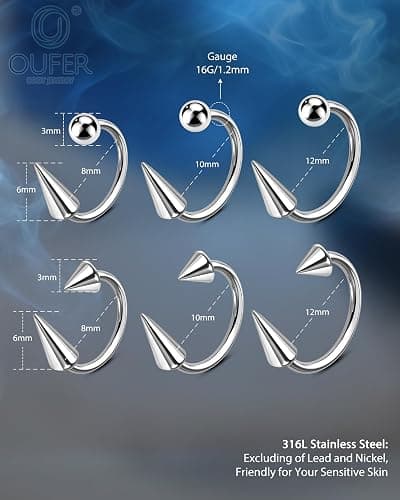 OUFER Snake Bites Lip Piercing Jewelry 16G Lip Rings, 6PCS 8/10/12MM Horseshoe Long Short Spike/Ball Labret Rings, 316L Surgical Steel Septum Helix Conch Piercing Jewelry thumbnail 8
