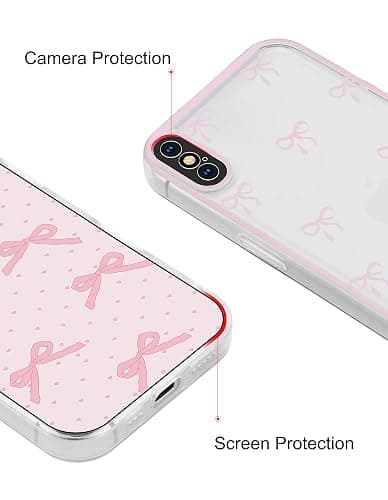 Jusy Compatible with iPhone X/XS Case, Cute Clear Ribbon Bowknot Pattern Aesthetic Soft TPU Transparent Cases Protective Phone Cover for Women Girly with Bracelet Chain - Pink - iPhone X/XS thumbnail 3