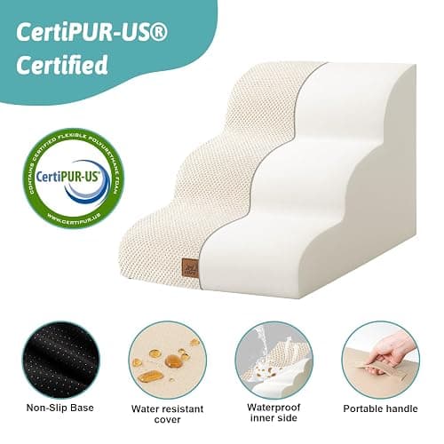 COZY KISS Dog Stairs for Small Dogs 15.7" H, Curved Dog Step for Puppy, Older Cat, Medium Pet Ramp for Sofa, Couch or Chair, Ladder with High Density Foam, 3 Step, 15.7x22.4x15.7 inch, Beige thumbnail 4