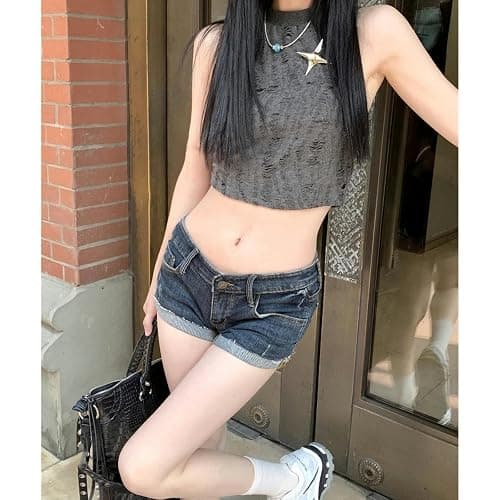 Baitang Gym Shorts for Women Women's Low Tight Curled Denim Shorts Summer Girl Street Casual Hip Wrap Mini Shorts Female thumbnail 5