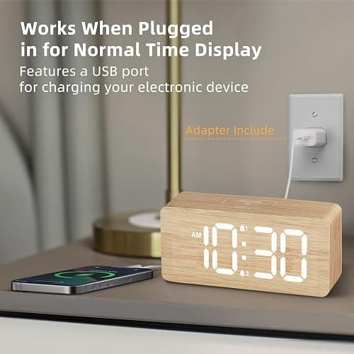 Wooden Digital Alarm Clocks for Bedrooms: Dimmable Dual Alarm Clock with Large Numbers for Bedside Desk - Bamboo thumbnail 3