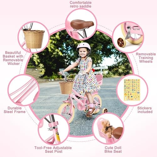 Glaf 12 14 16 20 Inch Girls Bike with Training Wheels for Kids Age 2-12 Years Old Toddler Girls Bike with Basket and Doll Seat Kids Bicycle Adjustable Seat thumbnail 3
