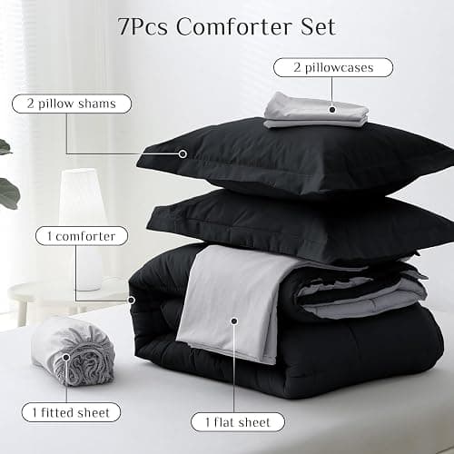 JOLLYVOGUE Full Comforter Set, Ultra-Soft Bed in a Bag Full Size 7 Pieces, Oeko-TEX Certified Bedding Set with Down Alternative Comforter, Sheets, Pillowcases & Shams, Black & Light Grey thumbnail 5