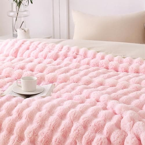 COOVA Soft Bubble Faux Fur Throw Blanket, 50"x60", Light Pink | Fluffy, Cozy, Fuzzy, Plush, Thick, Warm, fall, Faux Rabbit Fur Throw Blanket for Couch, Bed, Sofa, Chair, Gift, Home Decor thumbnail 3