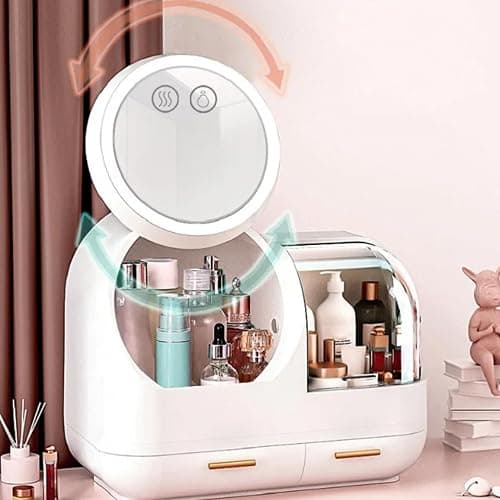 HURRISE Mirror Fan Makeup Case,Portable Makeup Organizer with Mirror and LED Light,Cosmetic Storage Display Case, Large Capacity Mirror Makeup Storage Box for Women (White) thumbnail 6