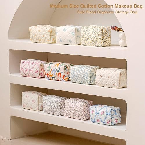 Gleyemor Small Quilted Makeup Bag for Women, Cute Floral Bow Cosmetic Bag, Emergency Bag Travel Toiletry Cotton Pouch Gifts for Girls Her Mom Friend Sister Bridesmaid (Small Pink Bowknot) thumbnail 7