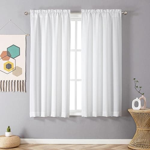 Chyhomenyc White Curtains 45 Inch Length 2 Panels, Faux Linen Textured Semi Sheer Light Filtering Soft Airy Rod Pocket Window Treatment Drapes for Living Room Bedroom, 30Wx45L Inch, 2 PCS thumbnail 2