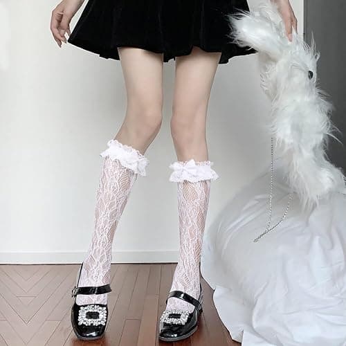 Benefeet Sox Womens Lace Knee High Socks Girls Ruffle Knee Highs Sexy Sheer Trouser Socks Black White Mesh Fishnet Stockings thumbnail 6