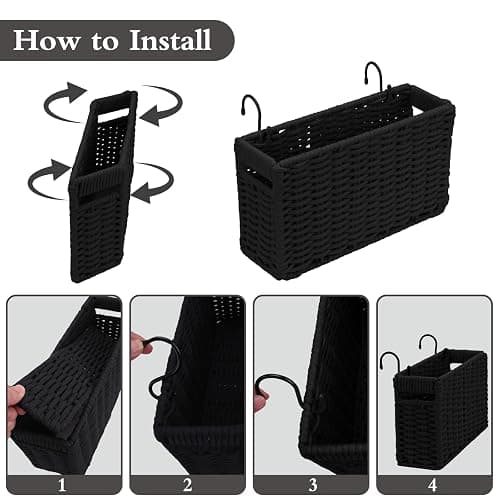 Cotton Rope Woven Bedside Caddy for Dorm Bed, Foldable Bedside Shelf Bunk Bed Accessories, College Dorm Room Essentials Hanging Organizers Storage Basket, Room Decor Magazine File Holder (Black) thumbnail 7