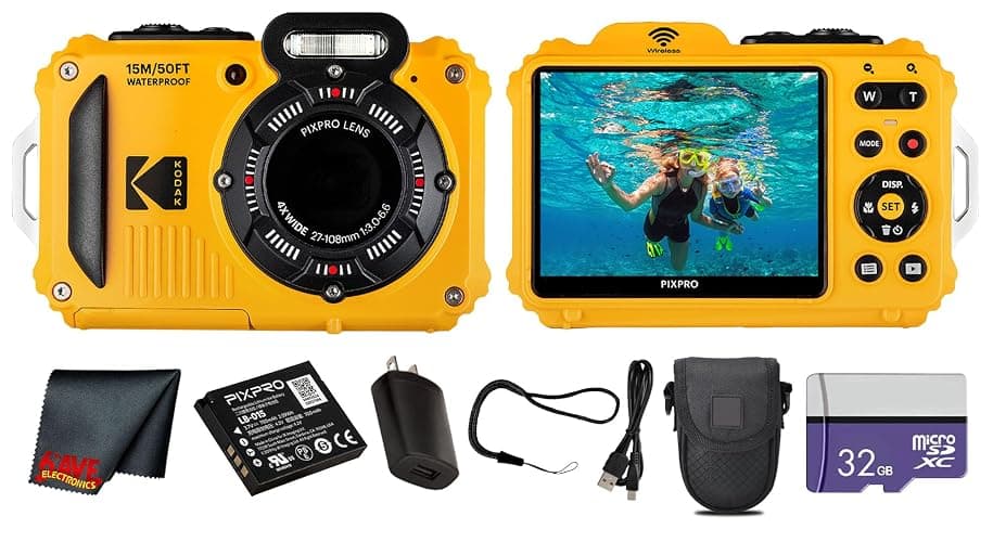 Kodak PIXPRO WPZ2 Digital Camera (Yellow) | 16MP Sensor, 4X Optical Zoom, Waterproof Shockproof Design & Full HD Video | Great for Outdoor & Travel Photos (WPZ2YL) + 32GB Card + Case + Cleaning Cloth - Image 1