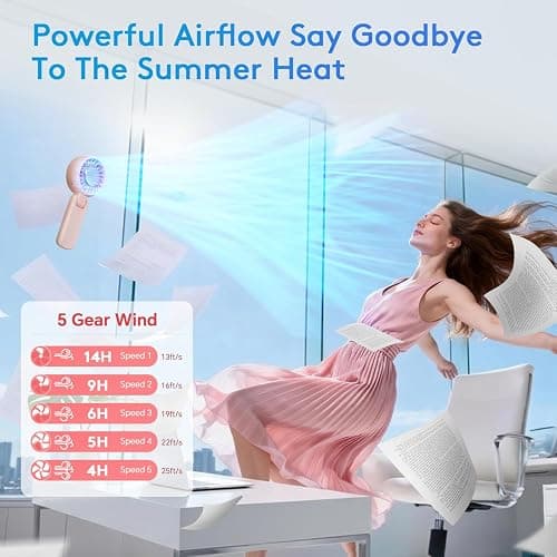 ZOZOO Portable Handheld Fan, 5 Gear High Speed, Rechargeable Mini Personal Hand Fan, Up to 14 Working Hours, 3 IN 1 for Travel, Beach Vacation, Camping, Gifts for Women, (Pink) thumbnail 4