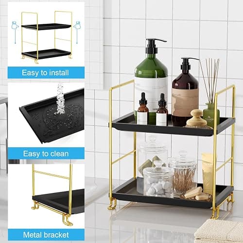 FSyueyun 2-Tier Bathroom Countertop Organizer, Tool-Less Installation Premium Plastics Makeup Shelf Organizer Perfume Skincare for Dresser Vanity Tray Organizers and Storage (Gold & Black) thumbnail 3