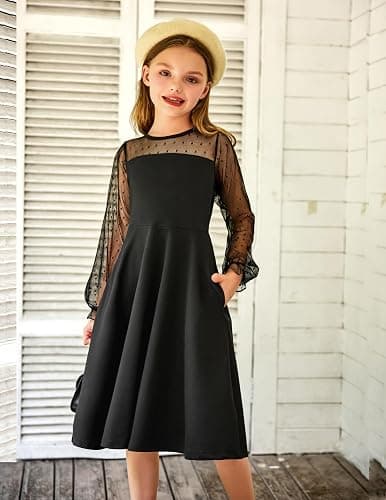 Arshiner Girl's Contrast Mesh Puff Long Sleeve High Waist A Line Short Dress with Pockets for 6-13 Years thumbnail 4