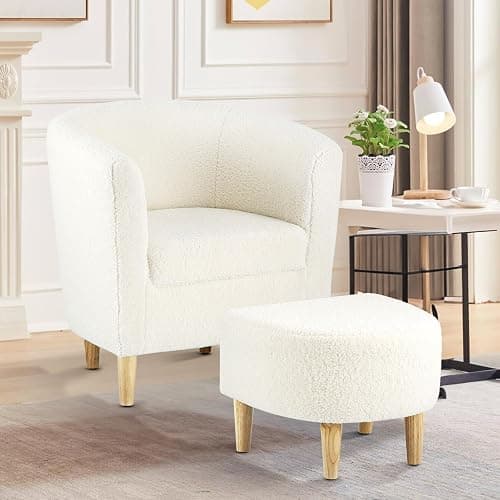 DAZONE Sherpa Accent Chair with Ottoman, White Fluffy Teddy Barrel Armchair for Cozy Living Room, Small Comfy Chairs for Bedroom, Reading Corner thumbnail 2