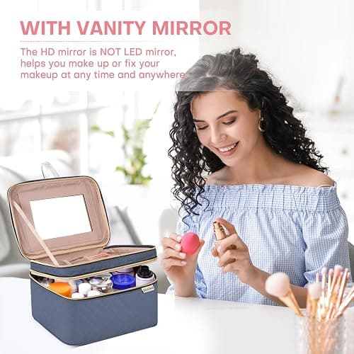 HXLGMD Large Makeup Bag with Mirror Double Layer Travel Make Up Organizer Case, Large Capacity Coemetic with Brush Slot Divider, Travel Toiletry Bag for Women (Aegean Blue) thumbnail 3
